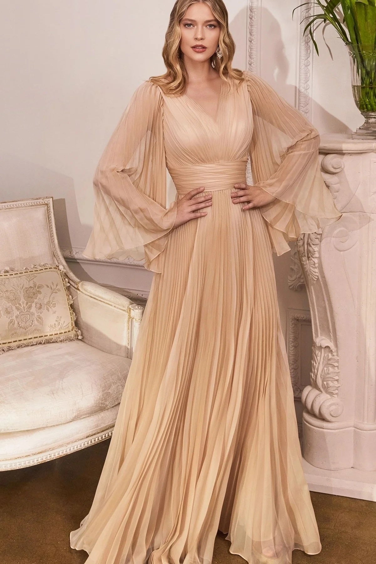 Champagne V Neck Long Sleeves Mother Of The Bridal Dress – TANYA BRIDAL