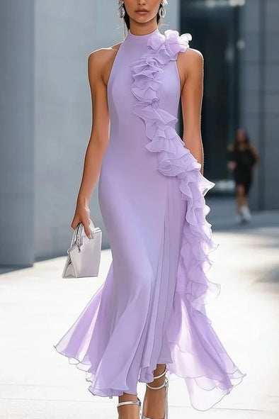 High Neck Sheath Lady Chiffon Evening Dress With Ruffles