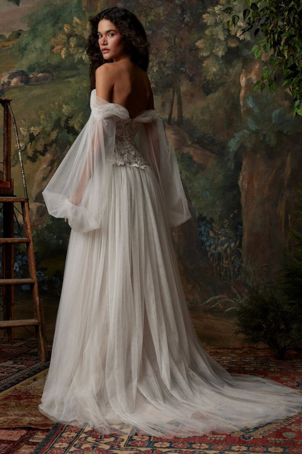 Off The Shoulder Long Sleeves A Line Lace Tulle Wedding Dress