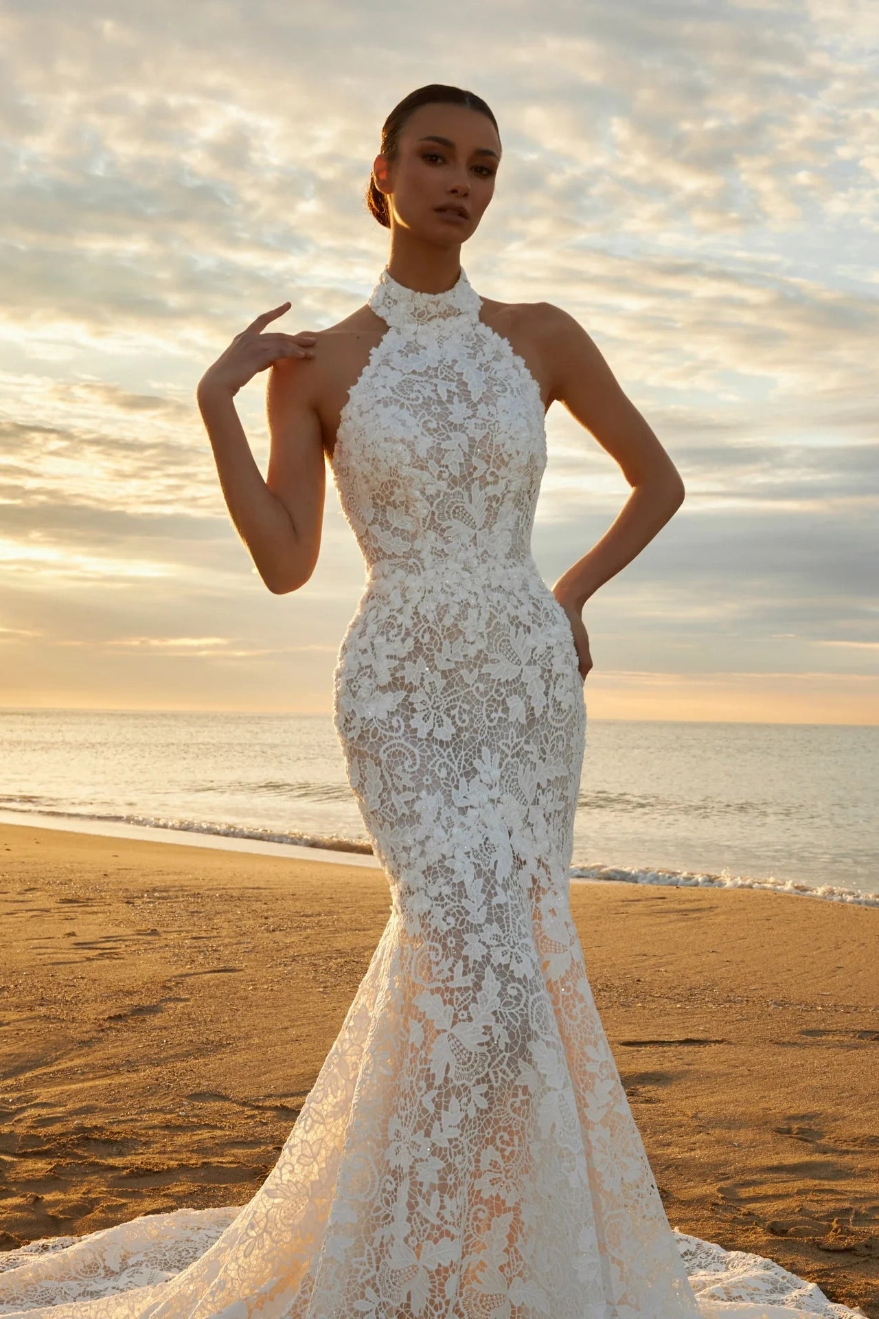 lace wedding dress halter neck White Lace Mermaid Wedding Dress: Halterneck Qipao, Bow Back