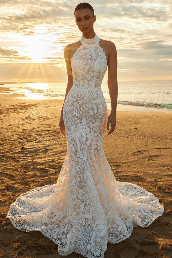 wedding dresses halter mermaid Luxury Long Beading Sleeveless Dress With Pearls Debutante Ball Halter Mermaid Bridal Gown