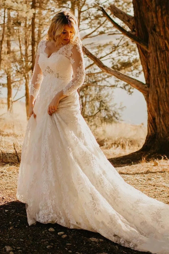 #DZ9369 A Line Lace V Neck Plus Size Wedding Gown