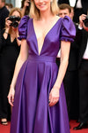 Deep V-Neck Long Satin A Line Gala Evening Dress With Sleeves