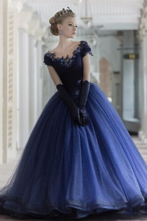 Long Royal Blue Ball Gown Prom Dress Short Sleeves TANYA BRIDAL Long Royal Blue Ball Gown Prom Dress Short Sleeves TANYA BRIDAL