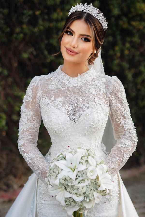 Luxury Lace Mermaid Wedding Dress With Detachable Skirt Train Luxury Lace Mermaid Wedding Dress With Detachable Skirt Train