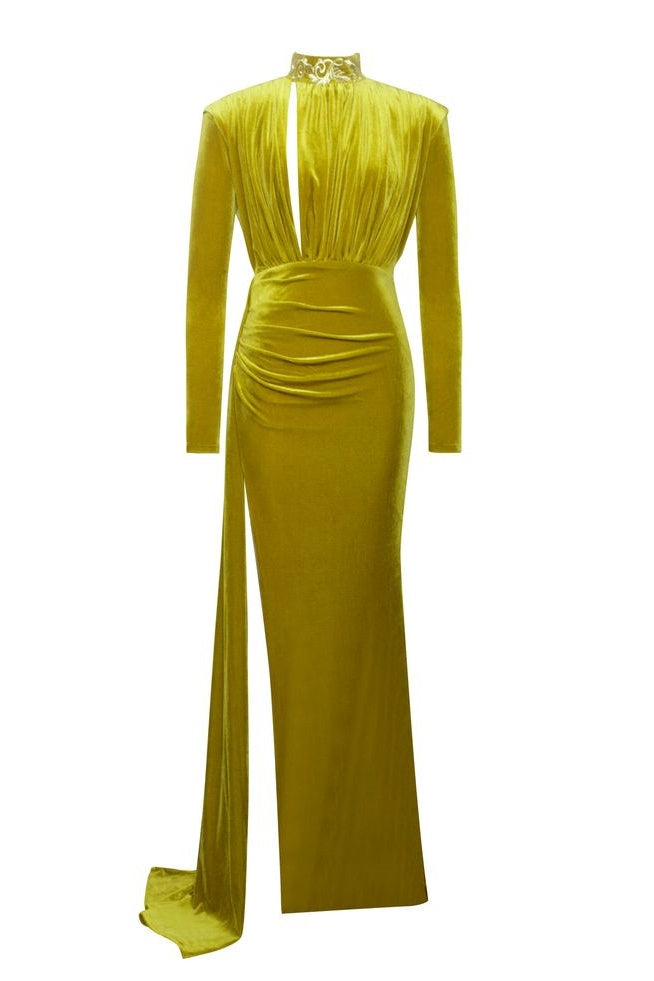 High Collar Gold Velvet Long Women Evening Dress TANYA BRIDAL High Collar Gold Velvet Long Women Evening Dress TANYA BRIDAL