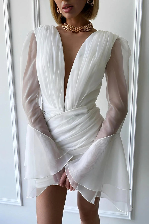 V Neck Short Organza Wedding Dress Long Sleeves