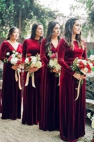 #DZ9340 Long Velvet Bridesmaid Dress Full Sleeves