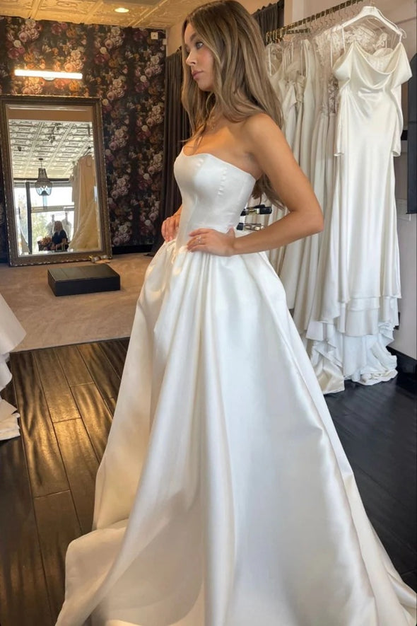 Strapless A Line Floor Length Satin Bridal Gown