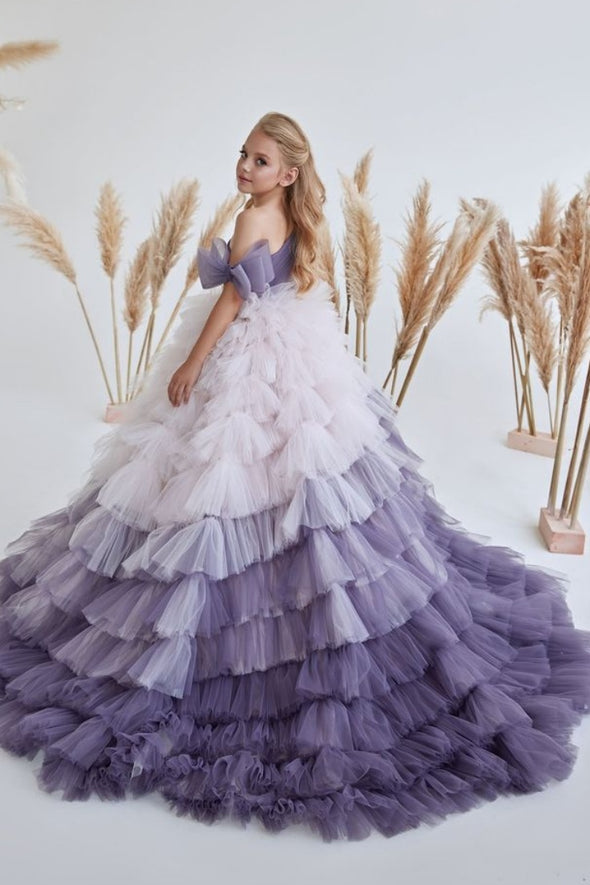 #DZ9410 Girls Special Occasion Purple Gradient Ruffle Party Dress