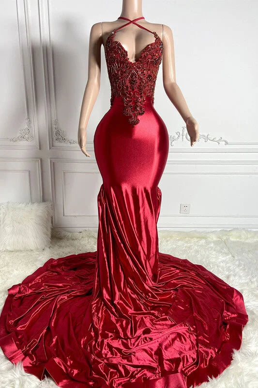 Burgundy Halter Sleeveless Mermaid Evening Dress With Crystals TANYA BRIDAL Burgundy Halter Sleeveless Mermaid Evening Dress With Crystals TANYA BRIDAL