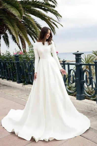 Boat Neck Long Sleeves A Line Satin Wedding Dress With Train