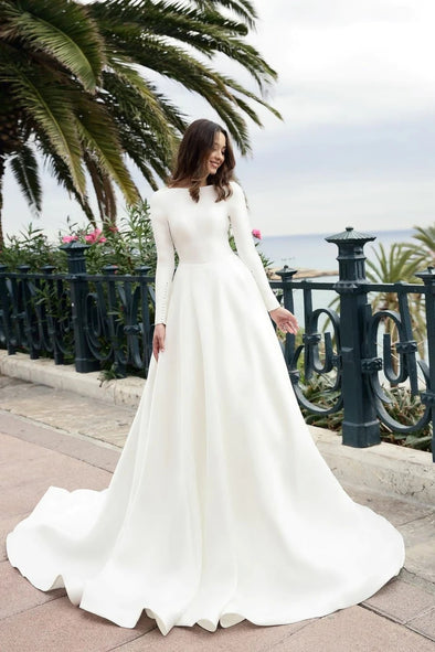 Boat Neck Long Sleeves A Line Satin Wedding Dress With Train TANYA BRIDAL Boat Neck Long Sleeves A Line Satin Wedding Dress With Train TANYA BRIDAL