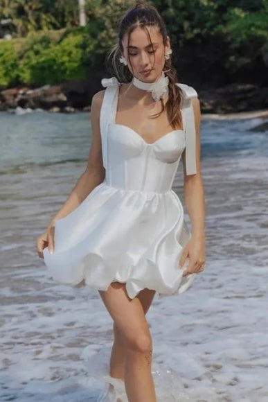 Short Satin Bridal Dress With Bow Sash Strap