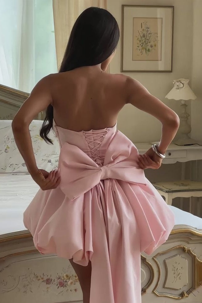 Pink Taffeta Draped Short Mini Homecoming Dress With Bow Back TANYA BRIDAL Pink Taffeta Draped Short Mini Homecoming Dress With Bow Back TANYA BRIDAL