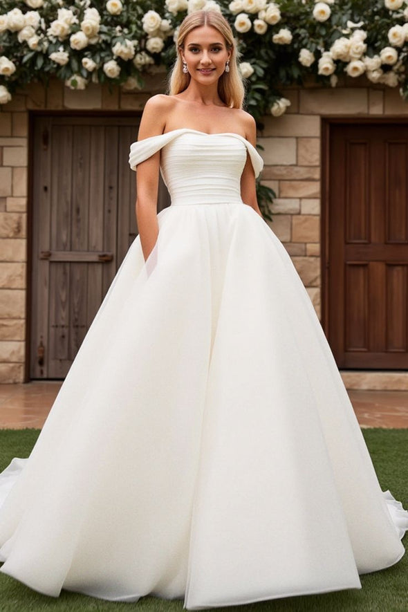 A Line Off The Shoulder Tulle Wedding Dress Pleated