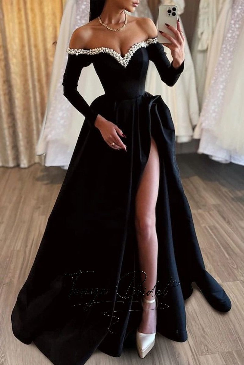 Black Prom Dress Off The Shoulder High Slit – TANYA BRIDAL