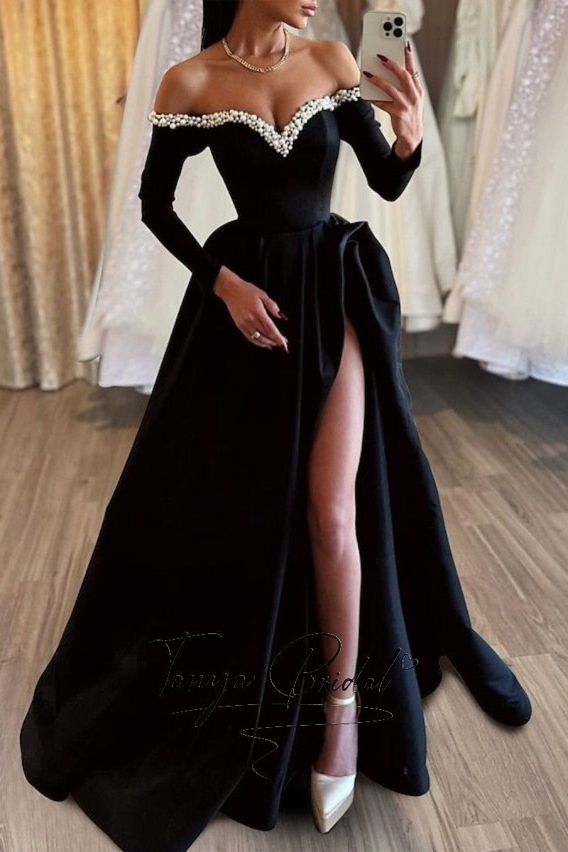 black prom dresses off the shoulder Black Prom Dress Off The Shoulder High Slit – TANYA BRIDAL