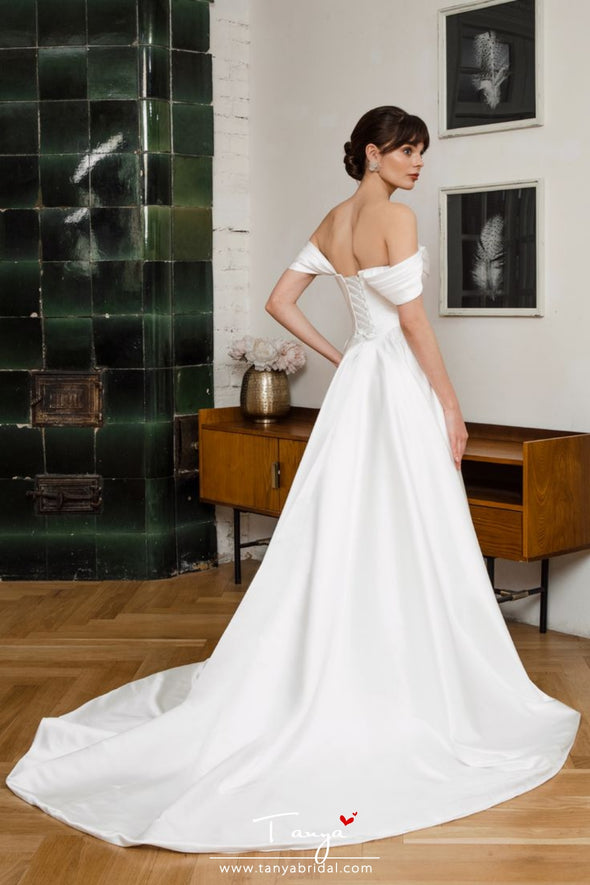 #DZ9401 Off The Shoulder Satin Wedding Dress With Detachable Lace Sleeves