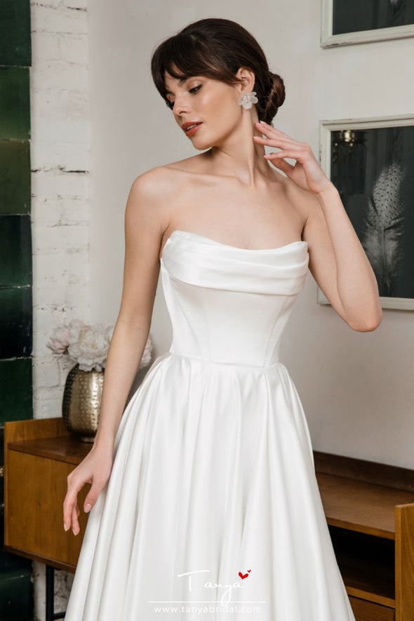 #DZ9401 Off The Shoulder Satin Wedding Dress With Detachable Lace Sleeves