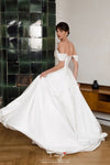 #DZ9401 Off The Shoulder Satin Wedding Dress With Detachable Lace Sleeves