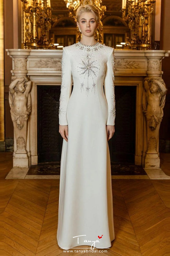 #DZ9400 White Long Crystal Full Sleeves Evening Dress