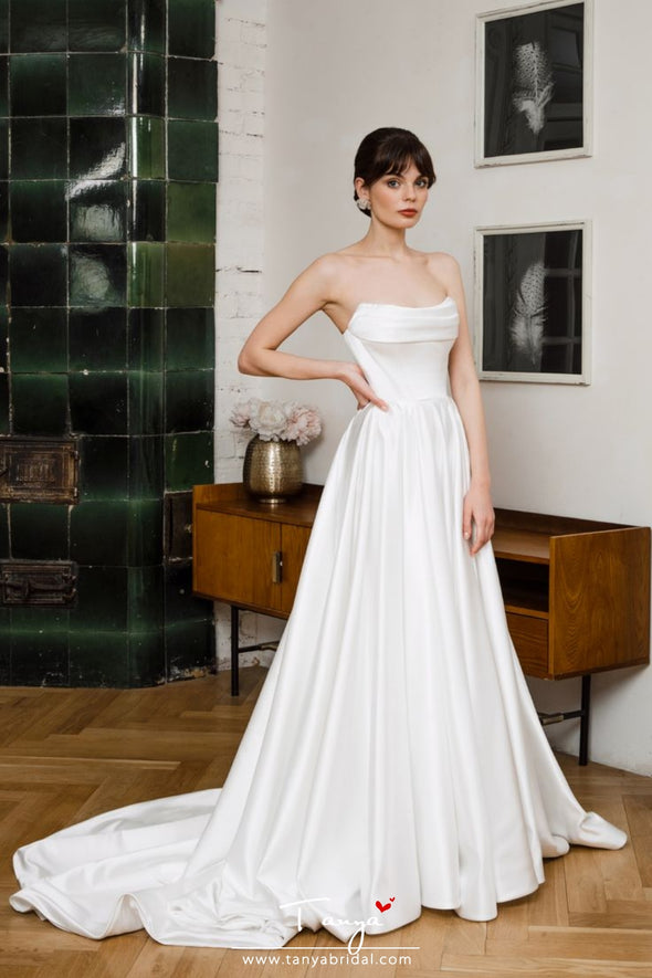 #DZ9401 Off The Shoulder Satin Wedding Dress With Detachable Lace Sleeves