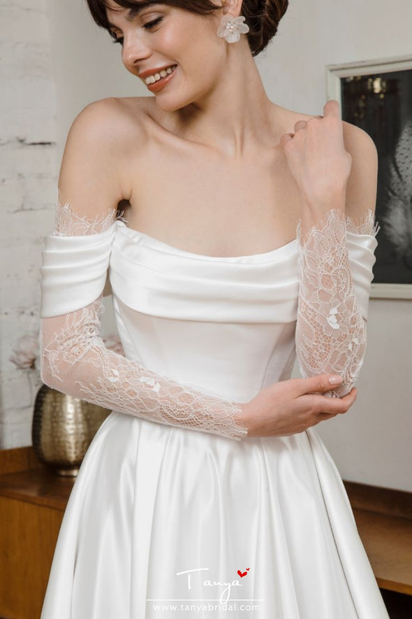 #DZ9401 Off The Shoulder Satin Wedding Dress With Detachable Lace Sleeves