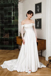 #DZ9401 Off The Shoulder Satin Wedding Dress With Detachable Lace Sleeves