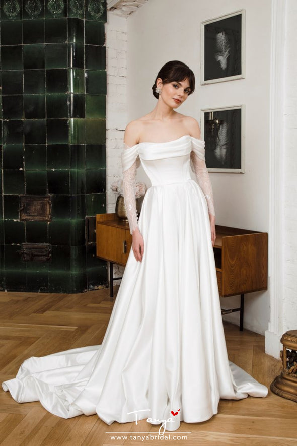#DZ9401 Off The Shoulder Satin Wedding Dress With Detachable Lace Sleeves