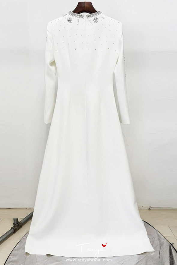 #DZ9400 White Long Crystal Full Sleeves Evening Dress
