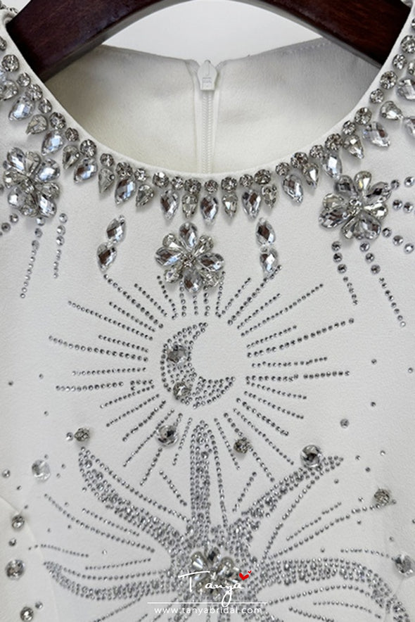 #DZ9400 White Long Crystal Full Sleeves Evening Dress