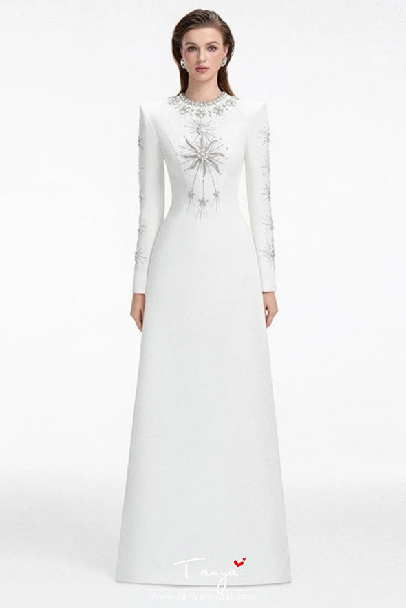 #DZ9400 White Long Crystal Full Sleeves Evening Dress
