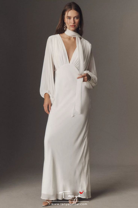 #DZ9402 Deep V Neck Long Sleeves Chiffon Wedding Dress