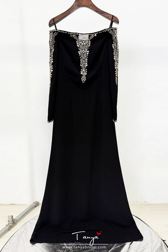 #DZ9399 Boat Neck Long Sleeves Beadings Evening Dress
