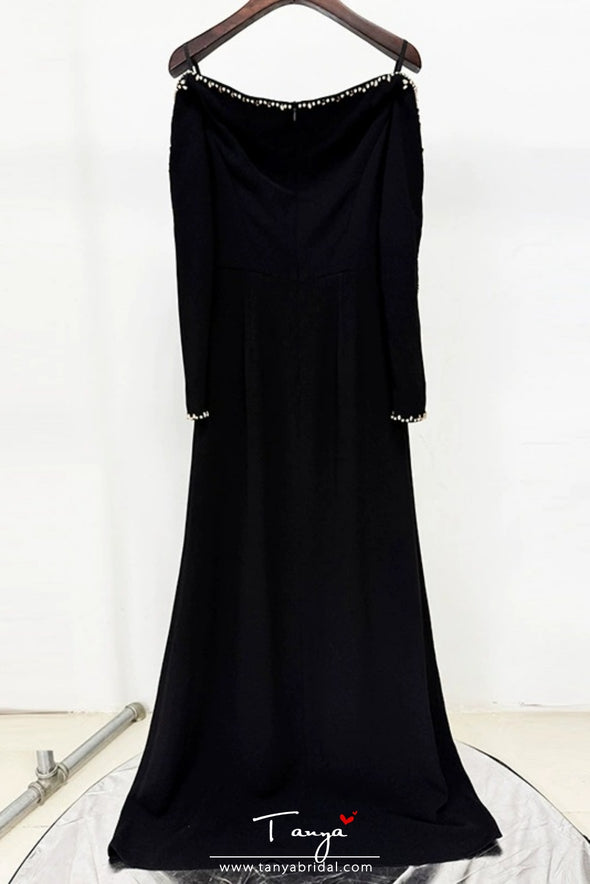 #DZ9399 Boat Neck Long Sleeves Beadings Evening Dress