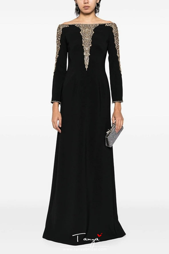 #DZ9399 Boat Neck Long Sleeves Beadings Evening Dress