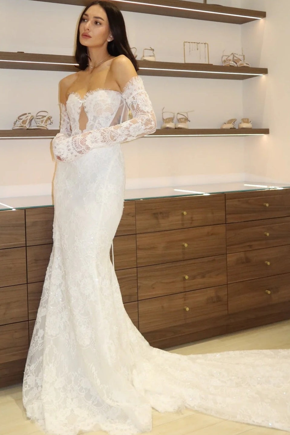 off the shoulder lace long sleeve wedding dress DZ9628 Off the Shoulder Lace Long Sleeve Cutout Mermaid Floor-Length – TANYA BRIDAL