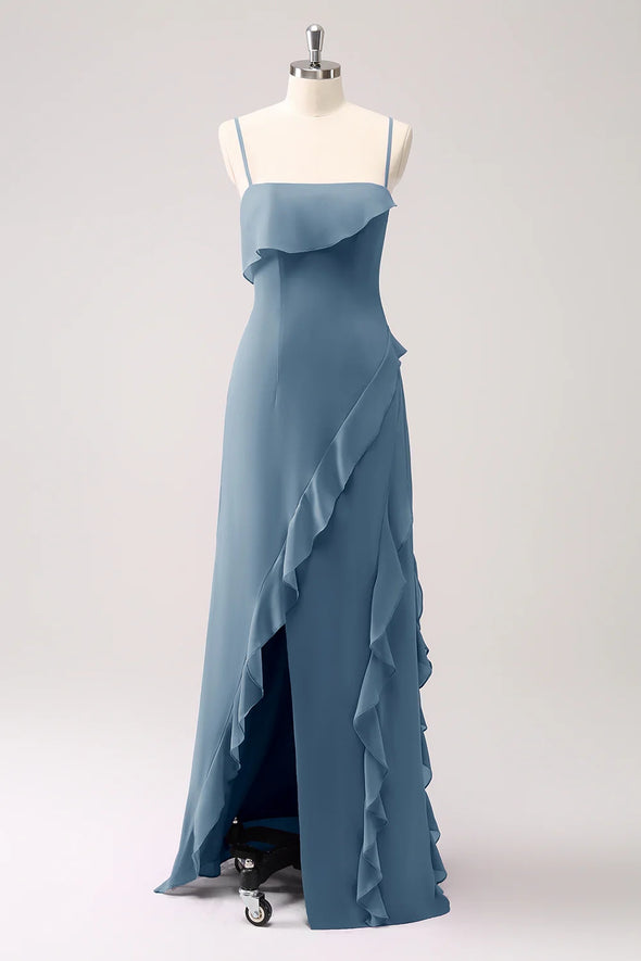 Spaghetti Strap A Line Dusty Blue Long Chiffon Bridesmaid Dress TANYA BRIDAL Spaghetti Strap A Line Dusty Blue Long Chiffon Bridesmaid Dress TANYA BRIDAL