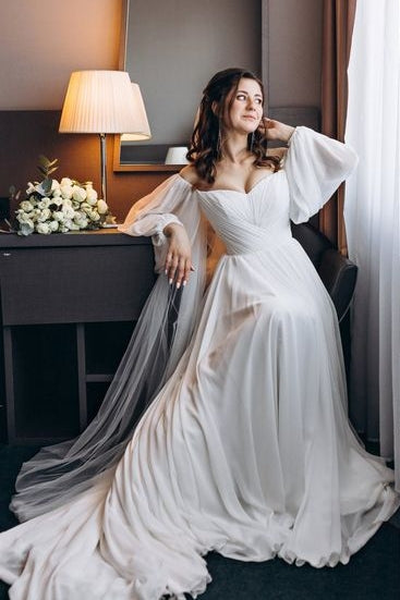 Bohemian A Line Chiffon Long Off The Shoulder Sleeves Wedding Dress