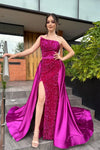 Fuchsia Mermaid Evening Party Dress With Split Overskirt Sequins