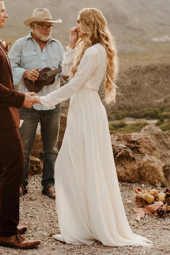 V Neck Long Sleeves Boho Chiffon Wedding Gown
