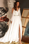 #DZ9370 Chiffon V-Neck Boho Beach High Slit Bride Gown