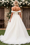 A Line Off The Shoulder Tulle Wedding Dress Pleated