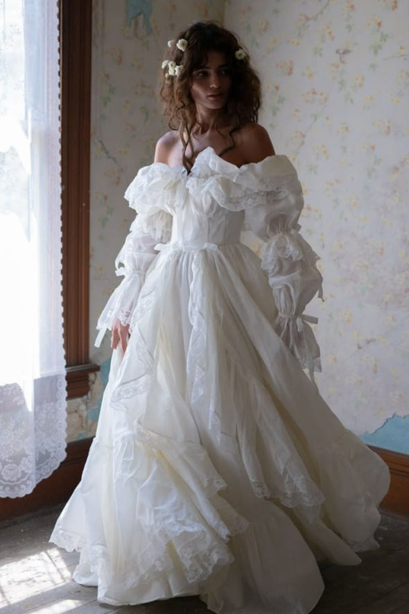 Long Taffeta A Line Off The Shoulder Lace Edge Wedding Gown