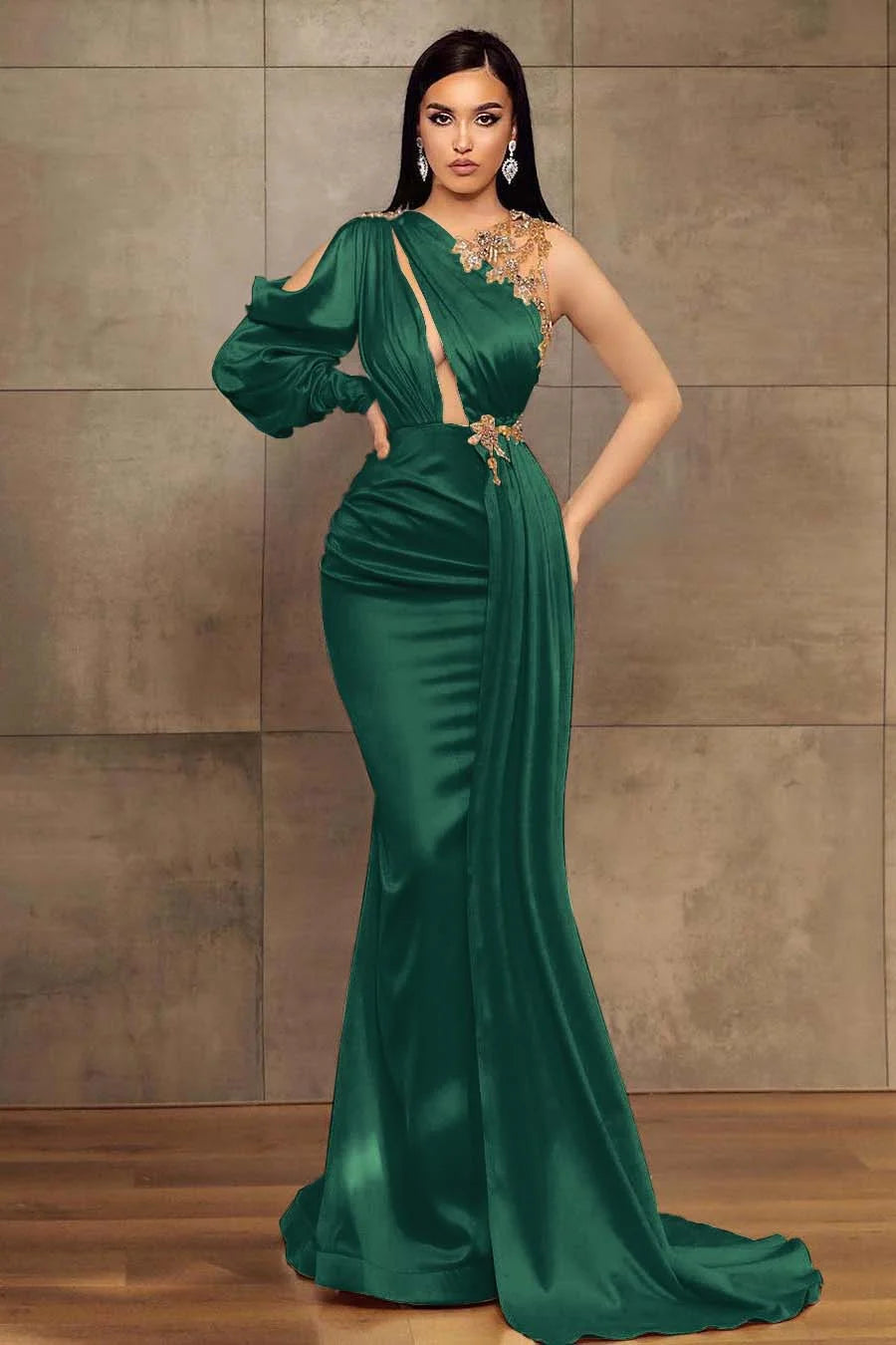 Charming One Shoulder Long Sleeves Mermaid Prom Dress with Beads TANYA BRIDAL Charming One Shoulder Long Sleeves Mermaid Prom Dress with Beads TANYA BRIDAL