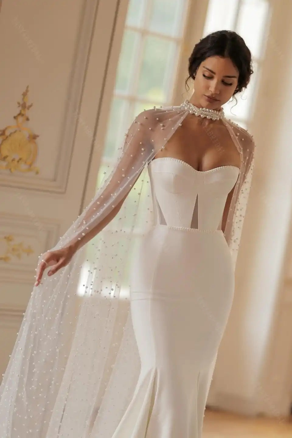 Pearls Tulle Wedding Long Cape With Train ,Luxury Bridal Jacket Chic Z TANYA BRIDAL Pearls Tulle Wedding Long Cape With Train ,Luxury Bridal Jacket Chic Z TANYA BRIDAL
