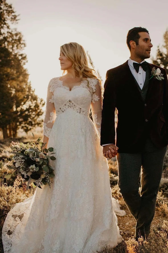 #DZ9369 A Line Lace V Neck Plus Size Wedding Gown