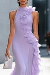 High Neck Sheath Lady Chiffon Evening Dress With Ruffles