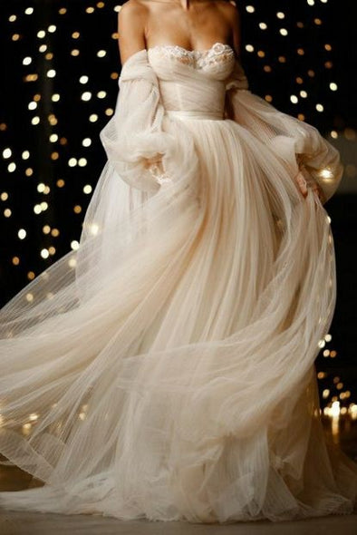 Puff Sleeves Elegant Bohemian Long Wedding Dresses TB1402